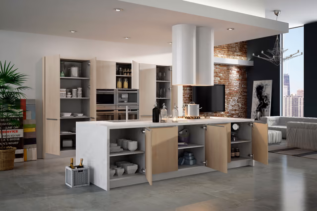 Cocina Syncron con isla abierta y el interior de los muebles a la vista