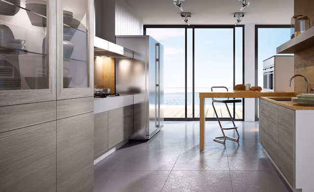 Cocina Syncron en madera gris con mesa de comedor