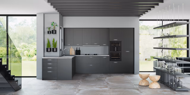 Cocina Zenit negra con estanterías metálicas