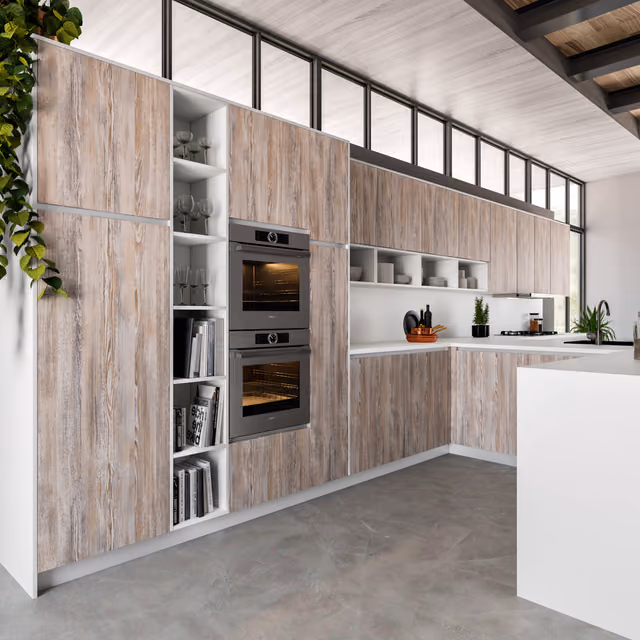 Detalle de la cocina en Caroline pine y Zenit blanco