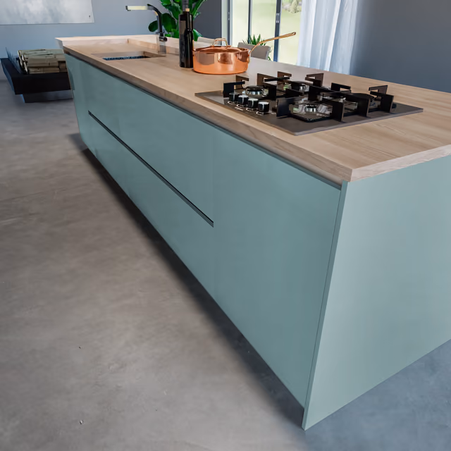 Detalle de la cocina Luxe Plus aguamarina con Syncron Como Ash