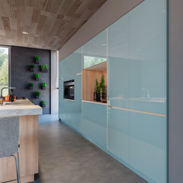 Detalle de la cocina Luxe Plus aguamarina con Syncron Como Ash