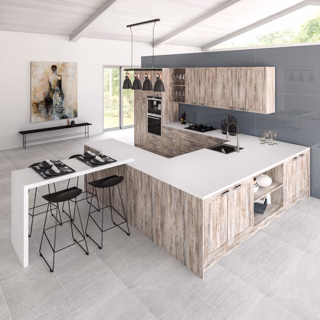 Detalle de la cocina Quadro en Caroline pine