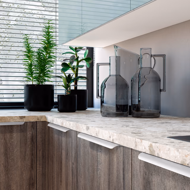 Detalle de la cocina Syncron Lakeland con Luxe Plus aguamarina