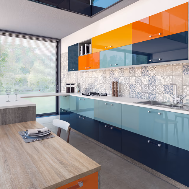 Detalle de la cocina Syncron Murati con Luxe Plus en aguamarina, índigo y curry