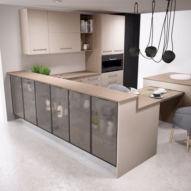 Detalle de la cocina Syncron Registro en cachemire y Art Oak