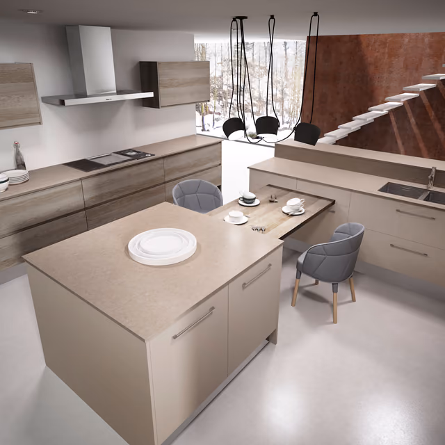 Detalle de la cocina Syncron Registro en cachemire y Art Oak